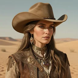 old cowboy woman portrait, desert background, fantasy, intricate, elegant, highly detailed, digital photography, artstation, concept art, smooth, sharp focus, illustration, art by alex alice and afshar petros and krenz cushart and artem demura and tony sandoval