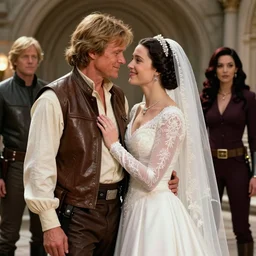 Jacen Solo and Tenel Ka getting married and happy, super detailed featuring Han Solo and Leia Organa with Luke Skywalker and Mara Jade 8k