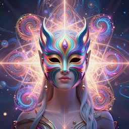 a centered render of an alluring goddess wearing a psychedelic mask surrounded by a glorious sacred energy made from geometry and spiral mandel bulb fractals, powerful, cinematic, beautifully lit, by artgerm, by karol bak, 3 d, trending on artstation, octane render, 8 k