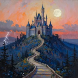 detailed dystopic oil painting illustration of steep long zig - zag path to an evil sharp fantasy cinderella castle over a high dark blue hill, orange to pink gradient sky and thunderstorm background. forest underneath. full moon