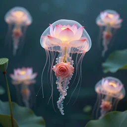 lot of lotus swimming underwater like a jellyfish, transperent jellyfish head covers with the lotus flower, tentacles with rose, photographic, cinematic, photorealistic, volumetric lighting, detailed, smooth, artstation, octane render, wolp