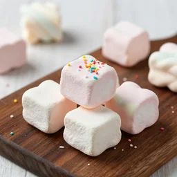photograph of delicious fluffy marshmallow cube with sprinkles on a dark wooden chopping board, pastel colours, professional food photography, photorealistic, depth of field, 4 k, canon 1 d, bohek