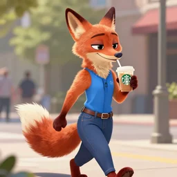 a digital artwork of a furry female anthro fox in the style of Zootopia, wearing a blue tank top and denim jeans and enjoying a starbucks coffee while walking down the street, furaffinity,