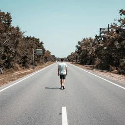 walking down a single lane highway in a dream, tonemapped, photorealistic