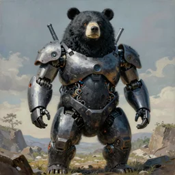 Butouha painting of a robotic asian black bear, half robot half bear, mecha bear, biconical bear, super detailed, in the style of Tenmyouya Hisashi
