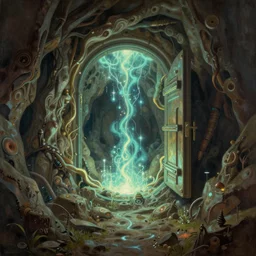 Mana vault, a simic cave filled with glowing magical energy, detailed matte painting by Robert S. Duncanson, deviantart, hudson river school, terragen, trending on artstation