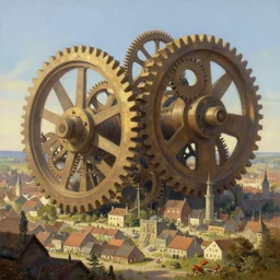 giant interlocked gears cogs clockwork, giant mechanisms, industry, villages castles, buildings vista artstation illustration sharp focus sunlit vista painted by ruan jia raymond swanland lawrence alma tadema zdzislaw beksinski norman rockwell tom lovell alex malveda greg staples