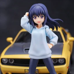 complete figure of dodge challenger car chan wearing a comfy blouse, tsurime eyes, tareme eyes, eyes by kon satoshi, personification, dynamic pose, amiami, aniplex, kotobukiya, good smile company, beautiful composition, 4 5 mm lens, focal length 2, hdr