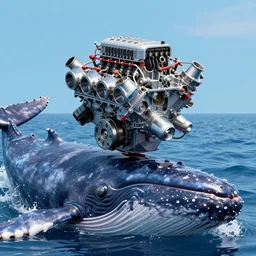 photograph of a v 8 engine on top of the head of cachalot whale, a diesel v 8 engine is mixed in the head of a cachalot in the ocean, eight - cylinder piston engine, long shot, by modern artist, in the style of cyberpunk, fantastic