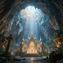 a stunning, dreamlight shining fantasy world in a huge underground cave, fabulous, ultrarealistic