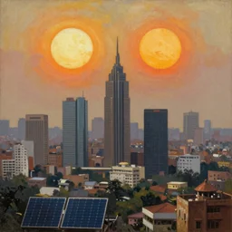 solarpunk dhaka city under twin suns, realistic painting, classical painting, high definition, digital art, matte painting, very detailed, realistic