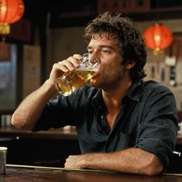 deleted scene from Big trouble in little China, Jack Burton drinking beer, Chinatown bar, amazing shot, 1987