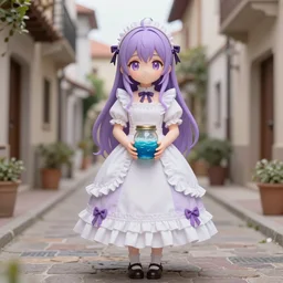 full body cute bombshell 3 d anime waifu woman with lavender hair, victorian white ruffly dress, holding jarred ocean. spanish ghibli alleyway. symmetrical face. symmetrical detailed defined eyes. isekai background style.