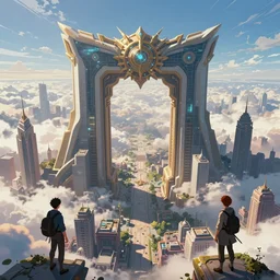 an intricate concept art illustration of a city above the clouds with humongous gate, fantasy, anime style, trending on artstation, cgsociety, epic lighting, digital art, matte painting, photorealistic movie still, art by ivan talavera and artgerm and dylan cole and feng zhu, hyper realistic, octane render, vibrant,