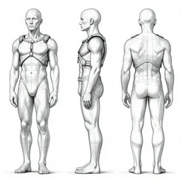 highly detailed character sheet, technical drawing, side view, human game protagonist designs, side - scrolling 2 d platformer, art by h. r. giger, kim jung gi and jonathan wayshak