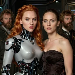 portrait of cyborg robotic scarlet johansson and natalie portman in futuristic world, in the style of jan van eyck, albrecht durer, thomas dewing, lord frederic leighton