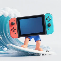 3 d render of nintendo switch as a human, surfboarding waves