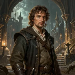 A fantasy comic book style portrait painting of  Martin Freeman as a hobbit mage in a stunning fantasy fortress, unreal 5, DAZ, hyperrealistic, octane render, RPG portrait, dynamic lighting