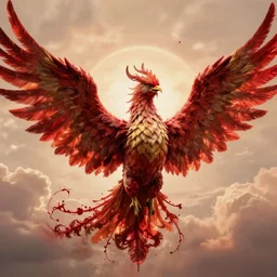 massive, terrifying, daunting, aggressive phoenix made out of blood spreading its wings in the sky. highly detailed art. warm colors. cinematic.