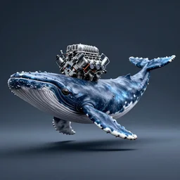 digital art of v 8 engine with the body of cachalot whale, v 8 engine, hybrid!!!!!!!!!!!! of v 8 engine and cachalot, full - body, side view, wide angle, cyberpunk style