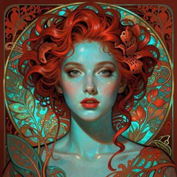 pia wurtzbach as darna, volumetric lights, red and cyan theme, art nouveau botanicals, intricate, highly detailed, digital painting, artstation, concept art, smooth, sharp focus, cinematic, illustration, beautiful face, art by artgerm and greg rutkowski and alphonse mucha