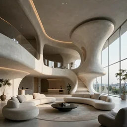 retro futuristic apartment living with minimalist organic brutalist design style and Kubrick lighting design