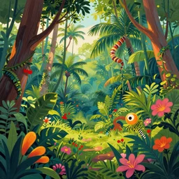 surreal gediminas pranckevicius, malaysia jungle, summer morning, very coherent and colorful high contrast art by james gilleard james gurney floralpunk screen printing woodblock, dark shadows, pastel color, hard lighting, stippled light, art nouveau, film noir