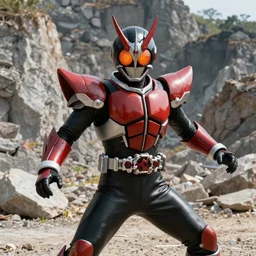 High Fantasy Kamen Rider, 4k, rock quarry location, vibrant colors, daytime, action scene, glowing eyes, rubber suit, fantasy inspired segmented dragon armor, Cinematography, ultra realistic, octane render, high quality, cinematic,