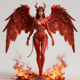 full length complex 3 d hyper realistic smooth ultra sharp render of a gorgeous!! fiery chained red skinned demoness viking warrior bikini | goddess of beauty, angel of death | high detail, 4 k, hd, symmetrical, proportional, cinematic, epic scene | art by oh jinwook + 吵 集 仁 儿 on artstaion + takeshi obata + alphonse mucha + jim lee