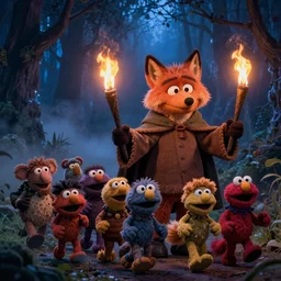 a large druid fox muppet wearing a cloak holding a lit torch and herding a bunch of random muppet animals following behind through a dark foreboding misty blue forest at night, sesame street, photograph, photography, ultrarealistic, national geographic