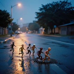 several small humanoid creatures running into a storm drain, wet streets, twilight, streetlights, kodachrome,
