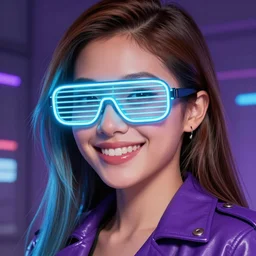 closeup painting of a very beautiful young mexican cyberpunk woman with a smile, light blue neon shutter glasses on her face, and a purple coloured leather jacket, one side haircut, long brown hair with light blue ends, portrait, hyperdetailed, cgsociety, synthwave by tangerine dream, by jean - michel jarre, by vangelis, by john carpenter