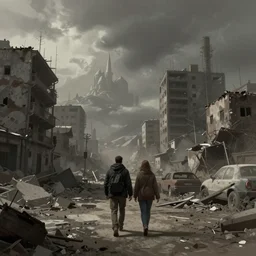 a couple of people walking through a dirty city, a detailed matte painting by Ismail Inceoglu, cgsociety contest winner, remodernism, matte painting, apocalypse landscape, concept art