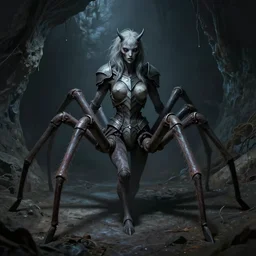 creepy matte painting of an armored female centaur with eight spider legs in a dark cave, ultra detailed, monster, half human half spider, human torso and head, human face, spider thorax, creature design, concept art, 8 k, moody lighting, muted colors, blue tone light, dramatic lighting, realistically proportioned face