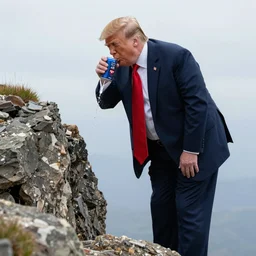 hyper realistic photo of donald trump peeing off a cliff