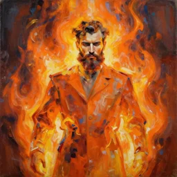 abstract painting of man engulfed in flames, handsome. Bearded. by craig mullins, featured on artstation. Portrait. Soviet era pose. Orange. Pain