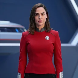 Gal Gadot, wearing a red uniform, is the captain of the starship Enterprise in the new Star Trek movie