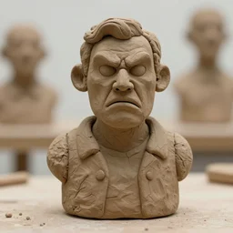 a clay sculpture of an angry man by philippe faraut, bokeh, soft light, mixed medium wood and clay