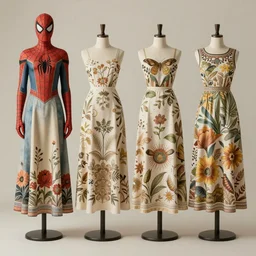 4 elegant full length spider man dress designs with natural history prints designed by alphonso mucha