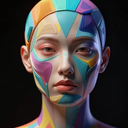 a future woman face as colorful geometric patterns, intricate, volumetric dramatic light, dark black background, sharp focus, highly realistic, octane render
