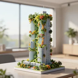 3 d printed physical model organic flowy including more than one city into one vertical building model that sits on a table in a room with a view back, multiple stories, with lush vegetation, colorful, 8 0 k, octane render, highly detailed 3 d render,