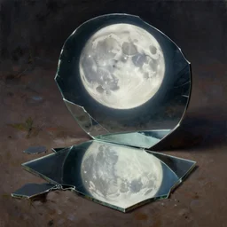 reflection of the full moon in a broken mirron on the ground, very detailed, digital painting, oil painting, hyperrealistic, highly detailed, beautiful, artstation, cgsociety, art by greg rutkowski, by artgerm
