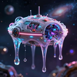 neon slime dripping, spaceship, detailed tiny glass circuits, broken cyborg, neon slime, cyber blur, neon, glowing, shallow depth of field, high resolution,space galaxy , john harris, george lucas, Paul chadeisson, Col Price, Swang, cinematic lighting