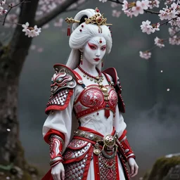 albino geisha warrior ornated  armor war paint in the woods, detailed, smokey background, jewelry, sakura,photograph, award wining, red and white, trending on artstation, punk attitude, 4k, unreal engine 5, octane render, neon highlights