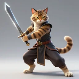 character concept portrait, a warrior cat holding a long metal blade in a combat stance, bright glowing. digital painting, concept art, smooth, sharp focus, illustration, 8 k resolution, trending on art station, cinema 4 d, behance hd