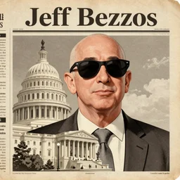 a 8 0 s political cartoon of jeff bezzos wearing sunglasses at the capitol. old yellowish newspaper