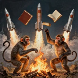 [two monkeys throwing books in a bonfire, behind them space rockets are taking off. propaganda, closeup, D&D, intricate, elegant, highly detailed, digital painting, artstation, concept art, matte, sharp focus, illustration, art by Artgerm and Greg Rutkowski and Alphonse Mucha and Enki Bilal]