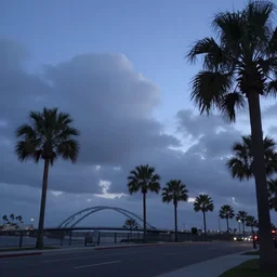 blue hour, mostly cloudy sky, palm trees, bridge, curved bridge, dusk, 2 4 0 p footage, 2 0 0 6 youtube video, 2 0 0 6 photograph, home video