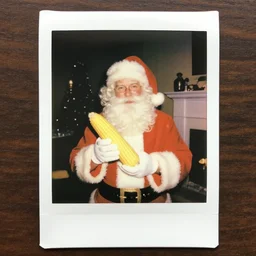 candid 1981 polaroid photo of santa bringing you corn