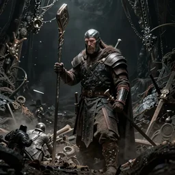a viking warlord after battle, nclosed dark damp liminal post apocalyptic space, artstation, unreal engine, concept art, illustration, intricate details, ultra realism atmosph, by rutkowski and beksinski and russ mills